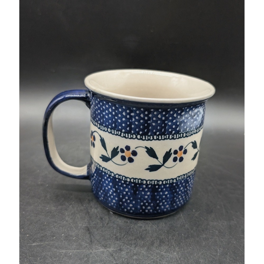 Ceramika Z Boleslawca Polish Pottery Mug Hand Painted Floral Blue White 506